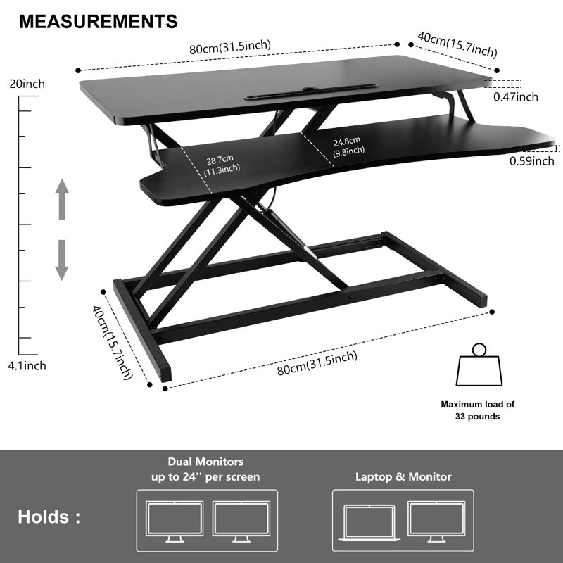 32'' Black Height Adjustable Standing Desk Converter with Keyboard Tray