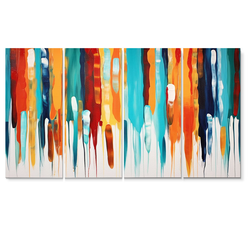 «Colorful Paint Droppings Blue Orange», ensemble de 4 décorations géométriques murales, H 32 po x l 64 po