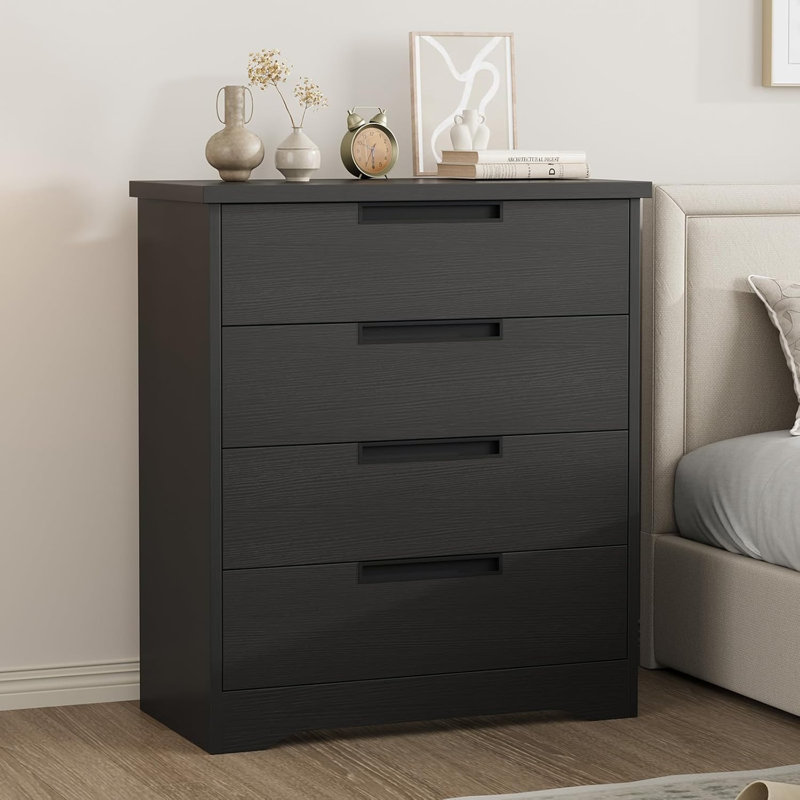 Commode 4 tiroirs en bois noir avec rangement intégré