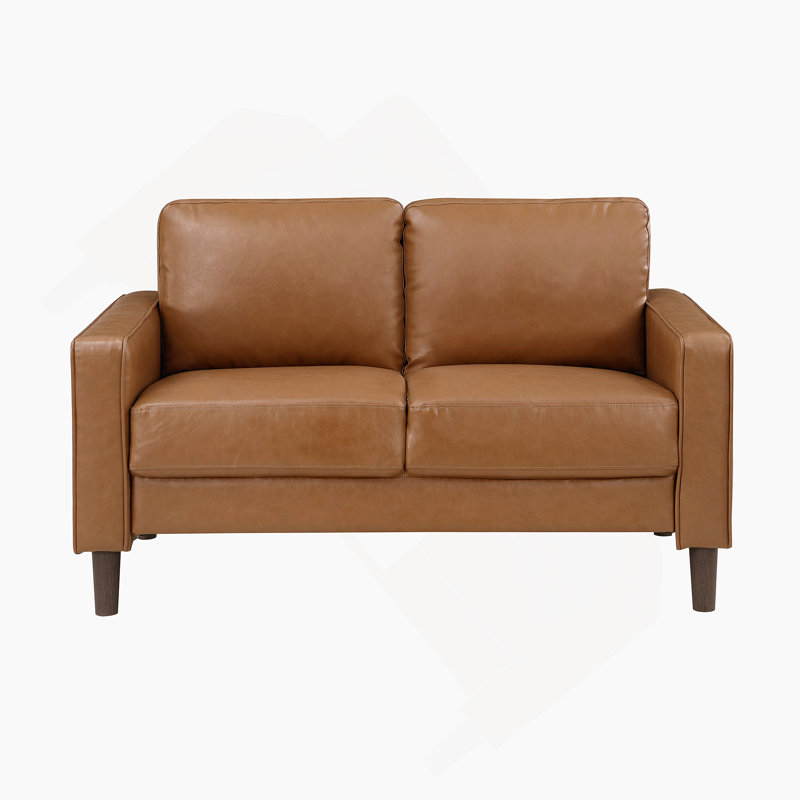 Causeuse rembourrée en similicuir brun de style moderne avec coussin confortable et structure en bois massif pour le salon