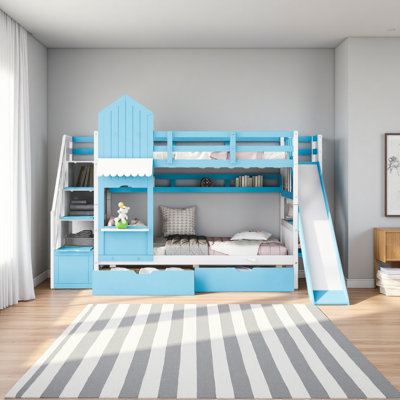 Lit superposé simple au-dessus d'un lit simple de style château avec 2 tiroirs et 3 glissières