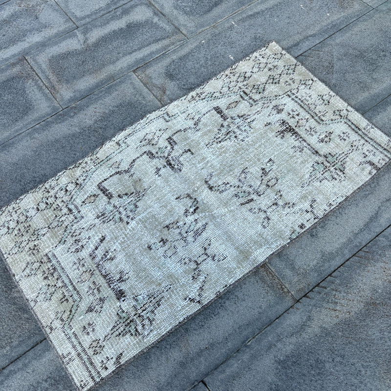 Vintage Beige Turkish Rug: Small and Antique with Rustic Distressed Design for Doorway Decor