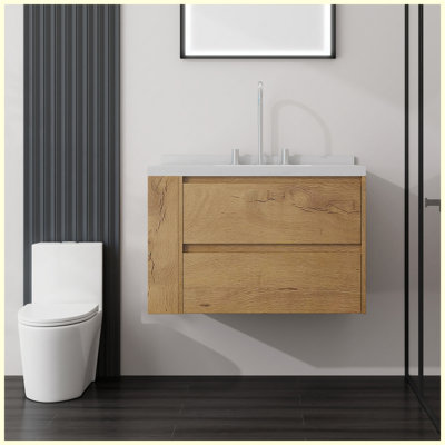 Meuble-lavabo flottant 30 po avec lavabo, porte à fermeture douce, comptoir et dosseret en marbre de culture blanc de Carrare 2 po, contreplaqué, chêne