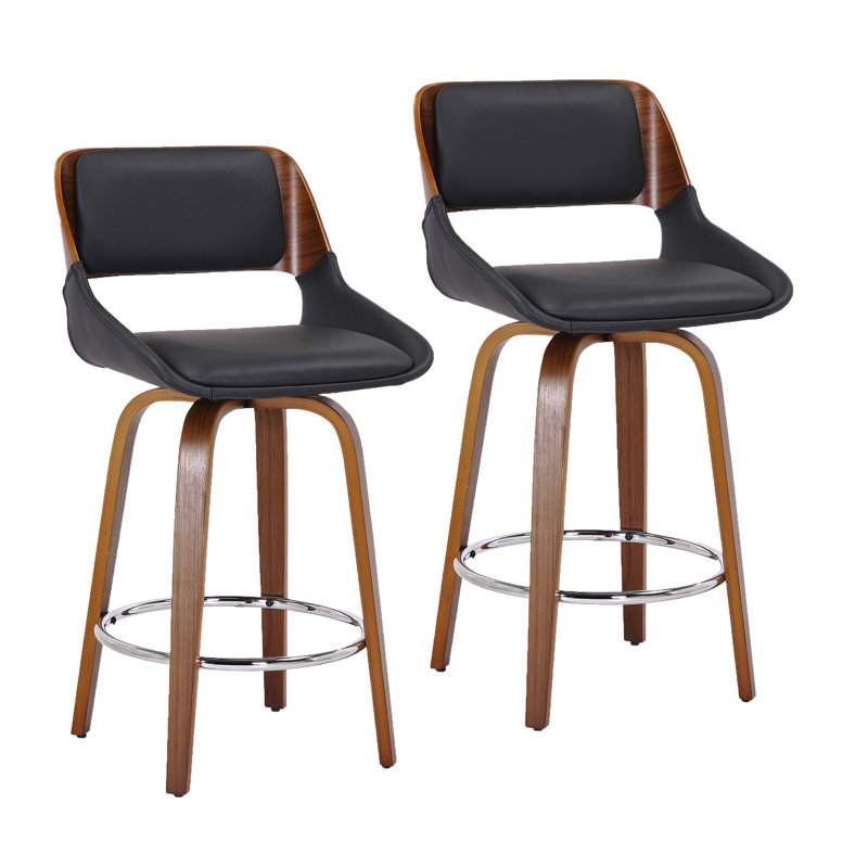 Tabouret de bar 26 po avec pivot en similicuir et bois Worcester Mid-Century - noyer, Noir, noir, noir, noir