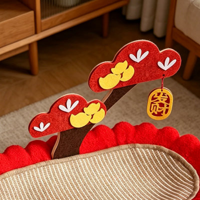 Red & Gold Decorative Cat Scratcher Bed with Corrugated Cardboard Center, Interactive Scratching Lounge with Hanging Toys for Indoor Cats