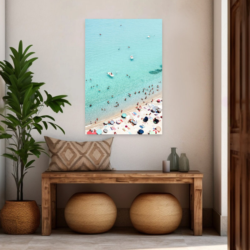 «At A Busy Beach», art mural contemporain sur la plage, 48" H x 32" W