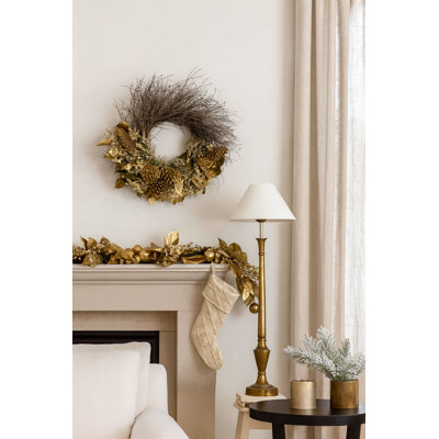Natural Dried Flower Twigs with Gold Painted Leaves and Pinecones Holiday Wreath