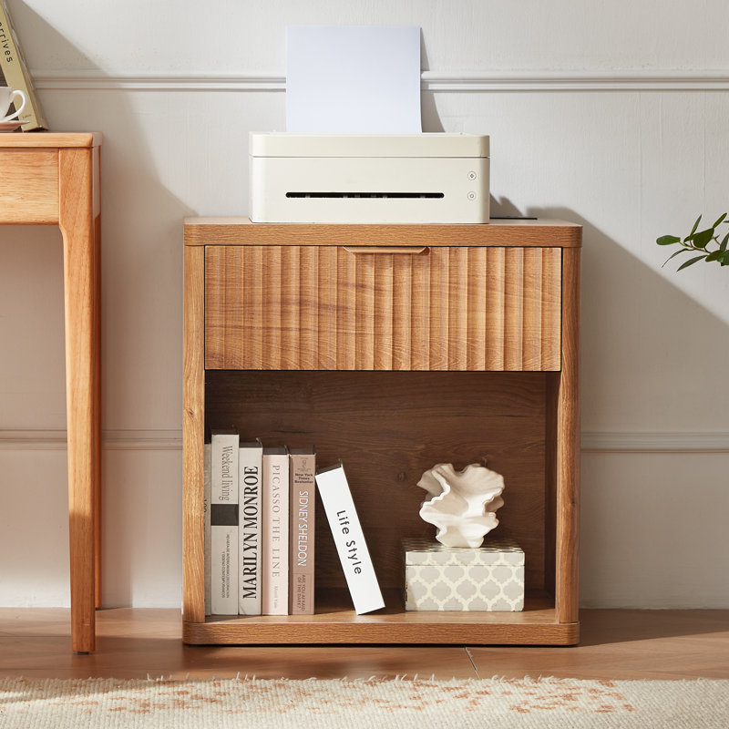 Fluted Nightstand With Charging Station, 23" Wide 1 Drawers Night Stand,End Table With Open Storage,Farmhouse Bed Side Tables, Wood Dresser For Bedroom, Living Room, Closet