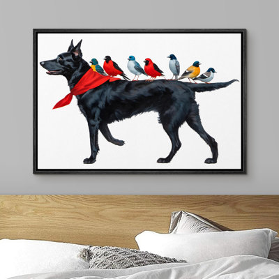Funny Dog And Birds Friendship - Colorful Whimsical Animal Modern Wall Art Décor Frame Canvas Print