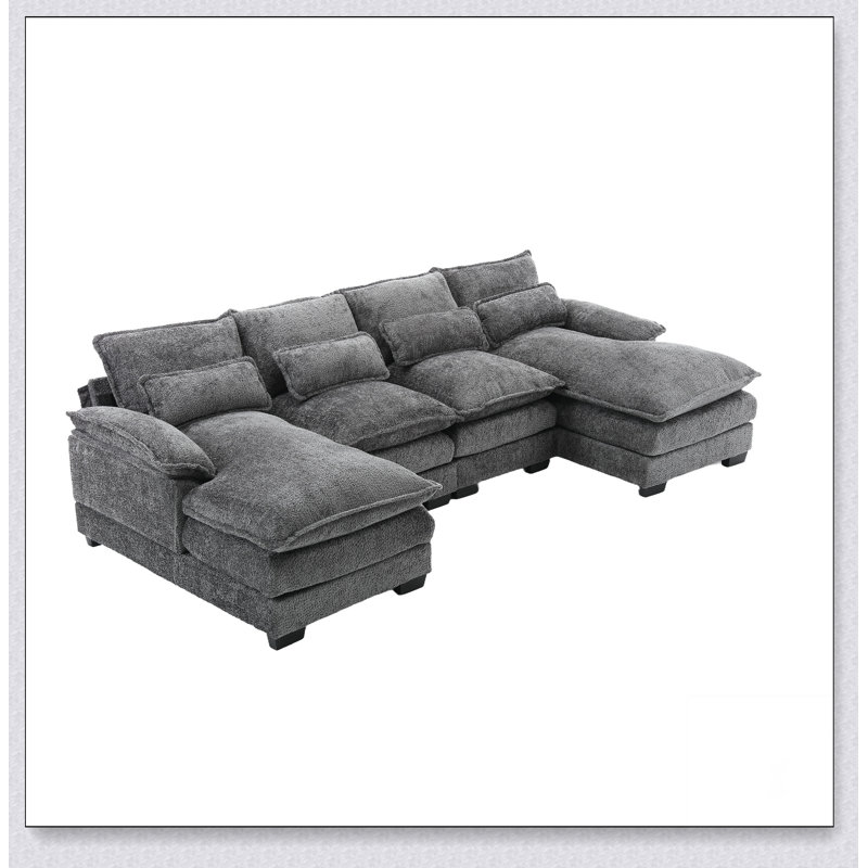 Large Chenille Fabric U-Shape Sectional Sofa, Gray Fabric