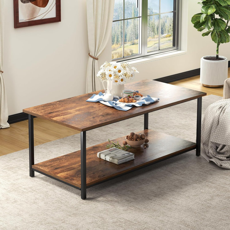 Table basse rectangulaire à 2 niveaux avec tablette de rangement, table centrale fonctionnelle