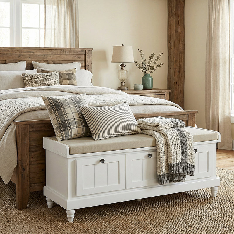 Rustic Shoe Storage Bench With Cushioned Seat - 3 Drawers & Hidden Storage For Home Organization, White