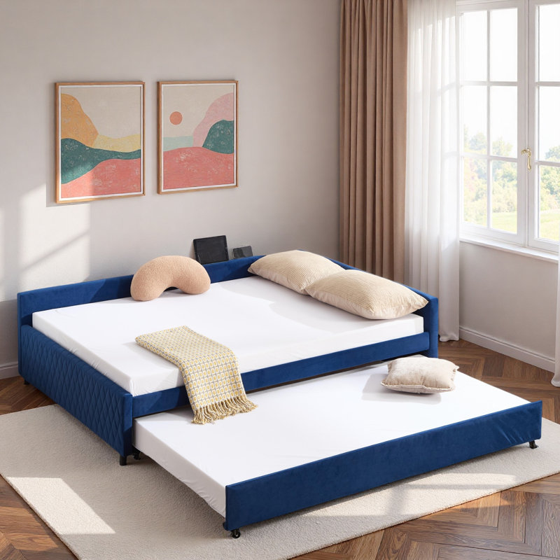 Upholstered Daybed With Trundle And Usb, Navy