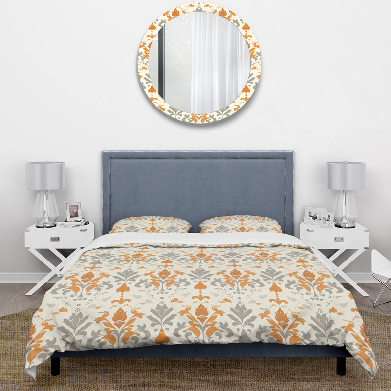 Ensemble de housse de couette orange à motif damassé orange, Housse de couette très grand + 2 taies décorativ