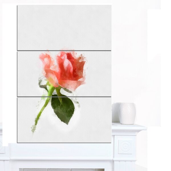DesignArt Pink Rose Watercolor With Stem On Canvas 3 Pieces Print | Wayfair