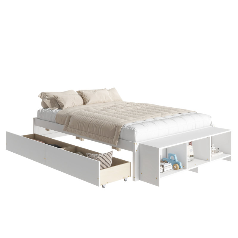 Full Size Bed With Storage Case, 2 Storage Drawers, Lengthwise Support Slat, White