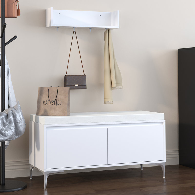 Ensemble de tablette de hall d'entrée murale avec crochets et banc de rangement, armoire à chaussures blanche moderne avec coussin et rangement fermé pour couloir, chambre à coucher ou vestibule