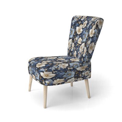 White Blue Nightfall Floral Elegance - Upholstered Farmhouse Side Chair, Rustic Floral Accent Chair