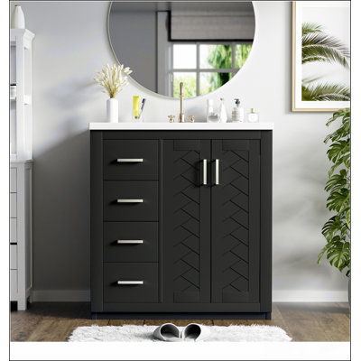 Ensemble de meuble-lavabo 30 po avec lavabo en céramique, armoire de rangement en bois massif, ensemble de meuble-lavabo autoportant avec 3 tiroirs et portes à fermeture douce