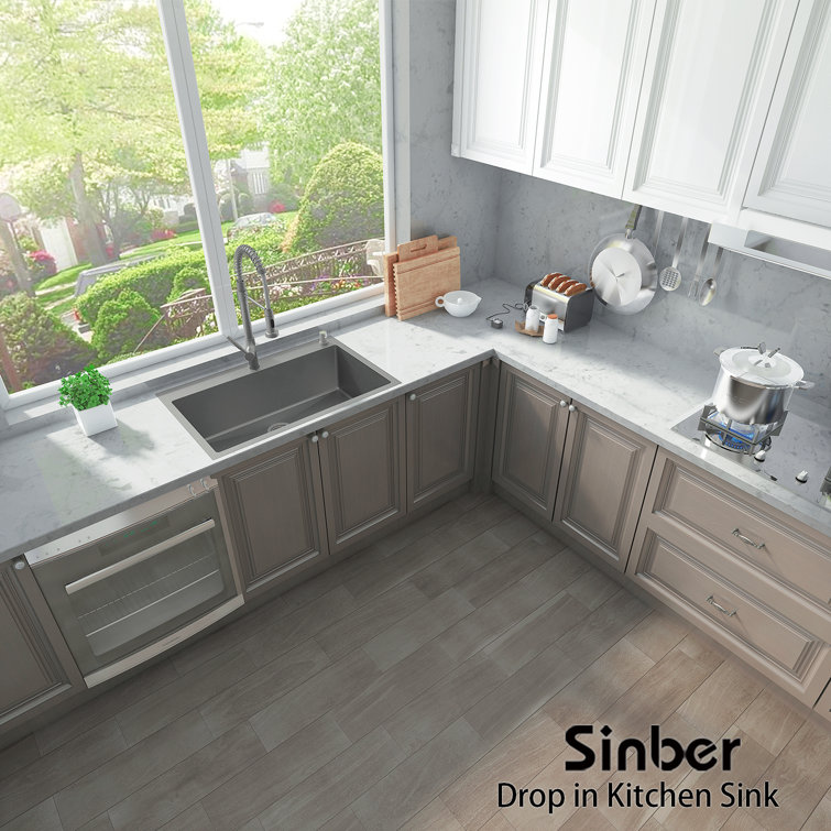 Sinber HT3322S-BW 33 x 22 Drop in Single Bowl Kitchen Sink with 18 Gauge 304 Stainless Steel Black Finish