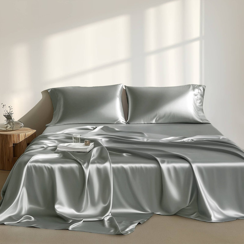 Satin Grey 100% Satin Luxury Wrinkle Resistant 7-Piece Split King Sheet Set, Gray