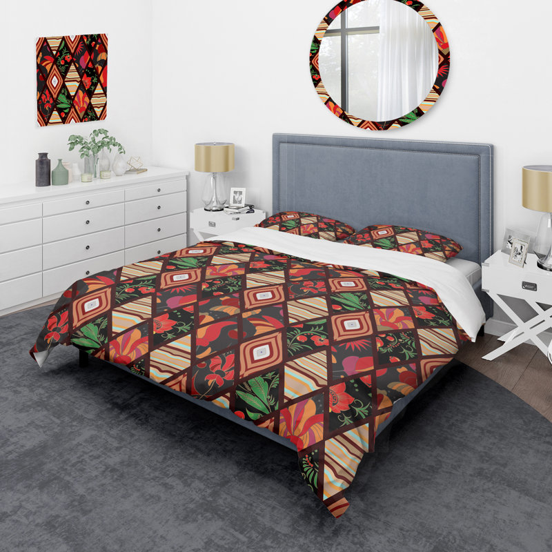 Ensemble de housse de couette orange et vert Patchwork, Housse de couette pour grand lit et 2 taies décor