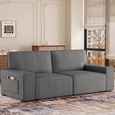 Modern Loveseat Sofa For Living Room, 87-Inch Corduroy Sofa, Spring Cushions, Solid Wood Frame, Easy Assembly For Small Spaces - Grey