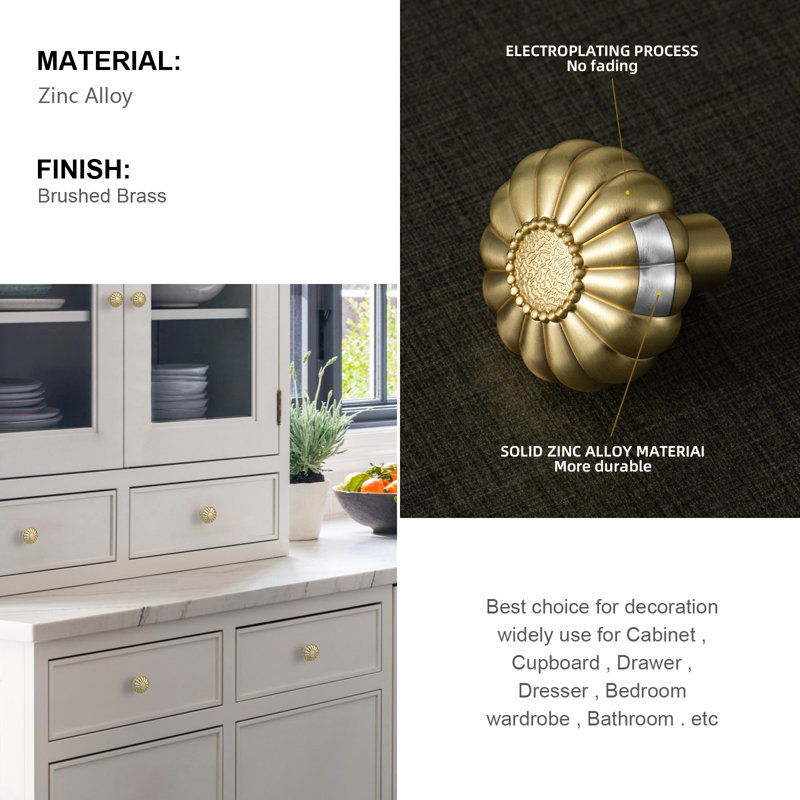 Brushed Brass Flower-Inspired Cabinet Knobs, 1-1/4 Inches, 12-Pack