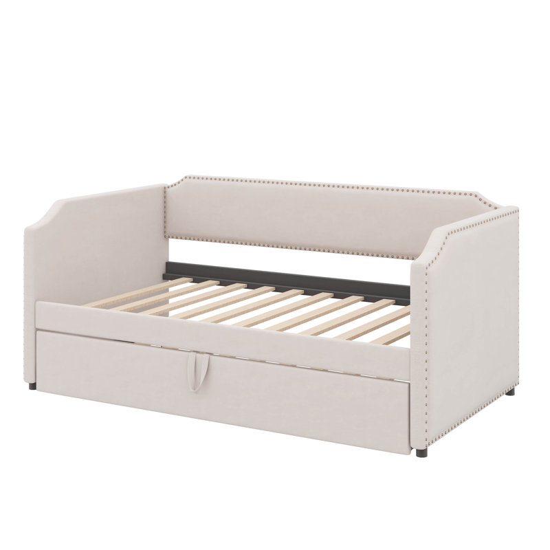Daybed With Pop Up Trundle, Twin Size Upholstered In Velvet, Beige