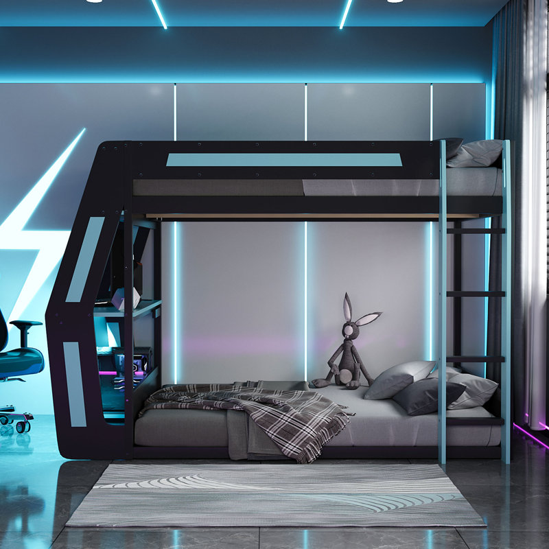 Full-Size Gaming Bunk Bed with Side-Mounted RGB Desk, USB Ports, Cable Grommet & LED Strip-Cloud Blue, Blue/Black