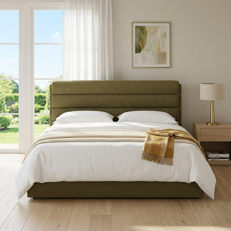 Upholstered Lift-Up Storage Platform Bed, King, Olive Green