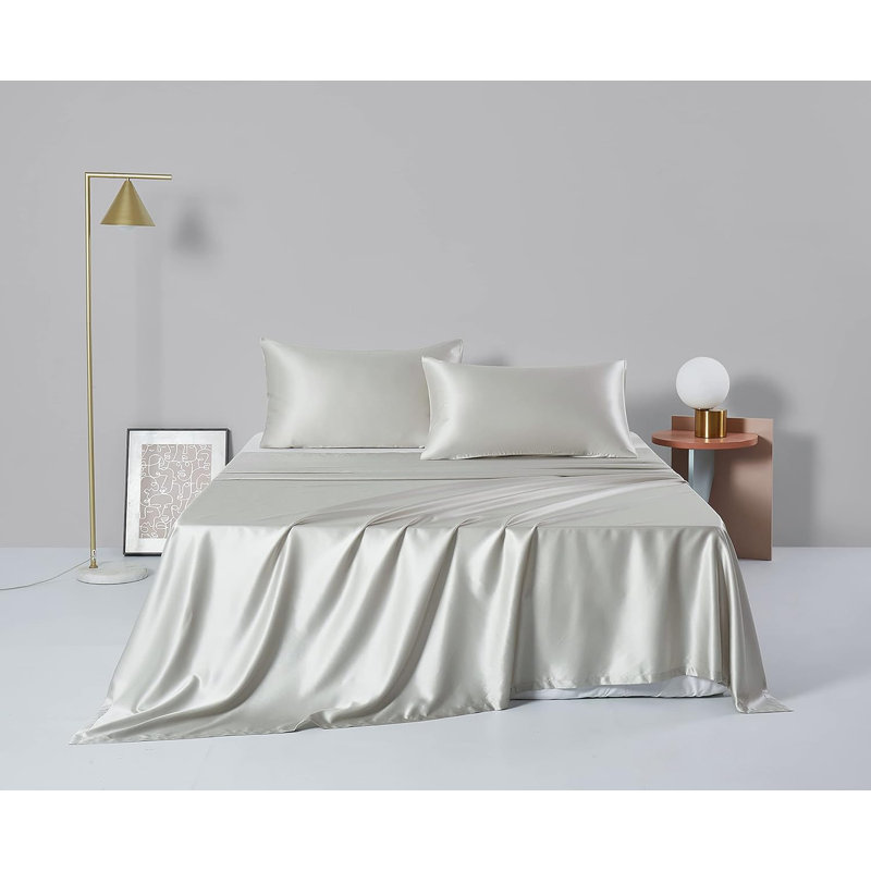 Ensemble de taie d'oreiller en soie et masque de sommeil en soie, Beige, Taie d'oreiller très grande