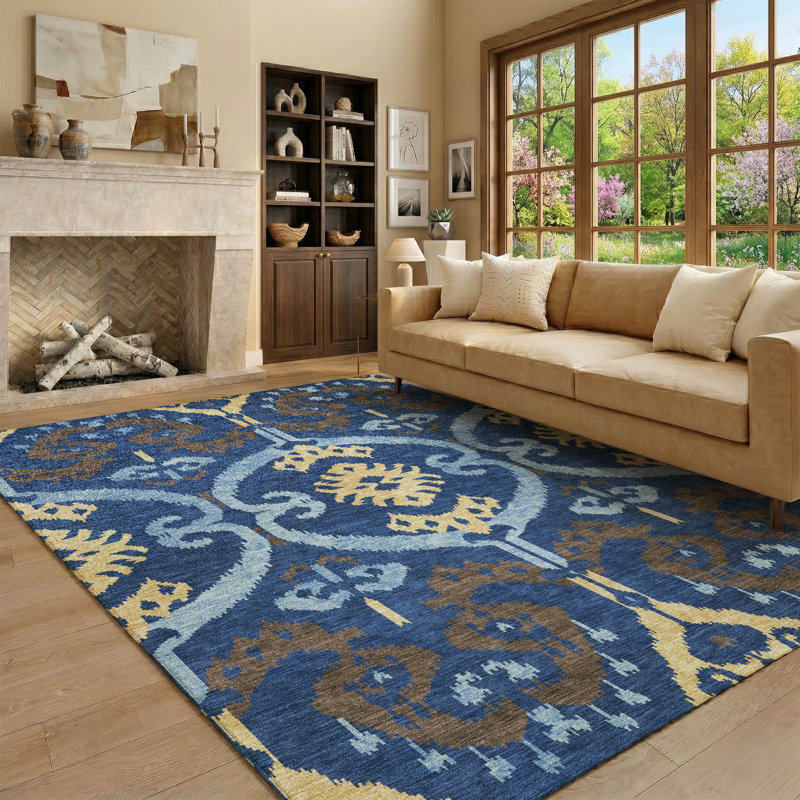Tapis Villers AMF2614 Ikat de qualité supérieure, lavable à la machine, Marine, 8 pi x 10 pi