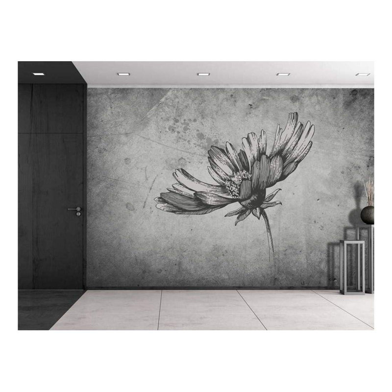 Daisy on a Grayscale Grunge Texture with a Vignette Effect Around It Vinyl Wallpaper Home Decor, 66" L x 96" W