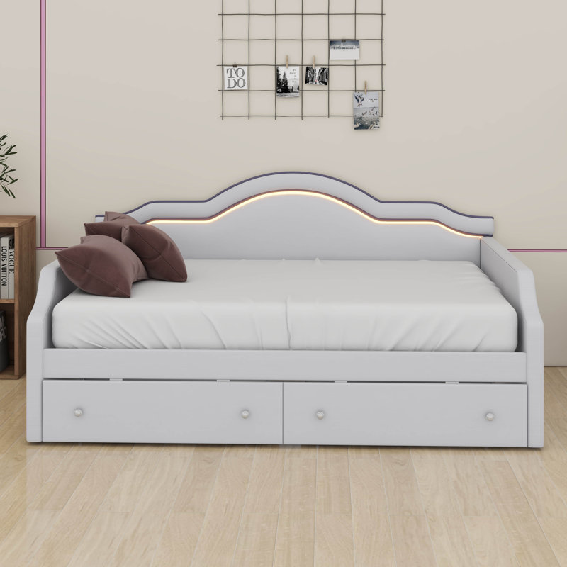 Lit de jour simple tapissier avec lumières DEL et 2 tiroirs de rangement, idéal pour chambre d'amis / petit espace, Beige