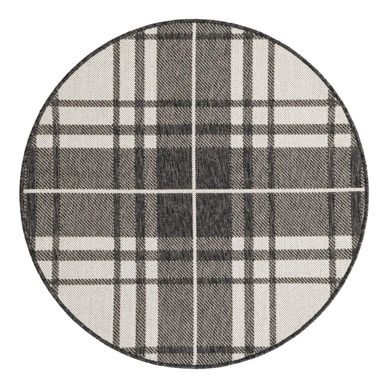 Tatasha Plaid Power Loom Polypropylene Plastic Indoor/Outdoor Area Rug in Black/White, Round 3'3"