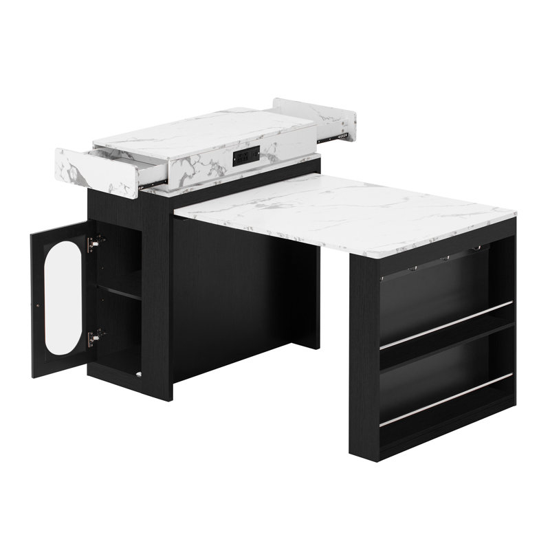 Îlot de cuisine extensible avec rangements astucieux, crochets et prise électrique - Table à manger blanche en marbre noir, angles arrondis modernes, tiroirs dissimulés, prise électrique