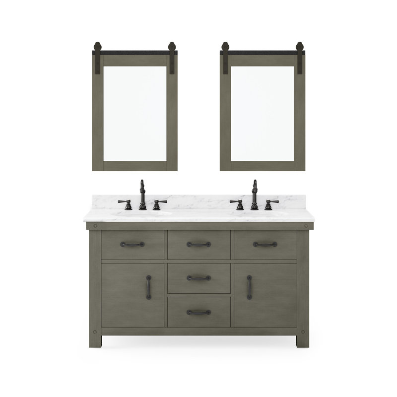 Aberdeen 60 In. Double Sink Carrara White Marble Countertop Vanity In Grizzle Gray With Mirrors, Carrara White, Rustic Sierra