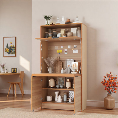 Garde-manger 69 po avec huche et poste de travail pliable, armoire de rangement multifonctionnelle avec tablette réglable et prise de courant