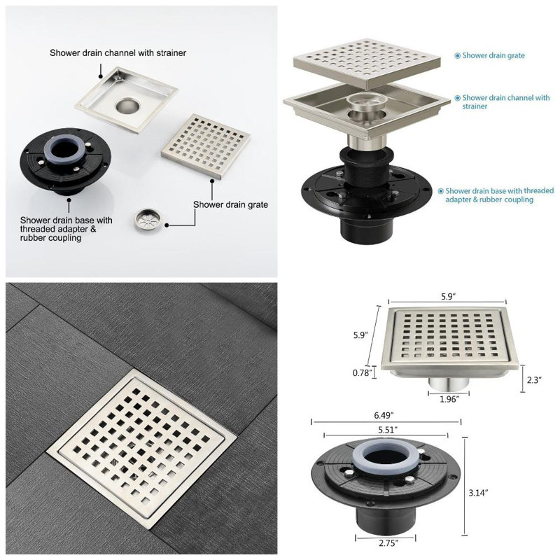 6" Classic Square Shower Floor Drain, Brushed Nickel