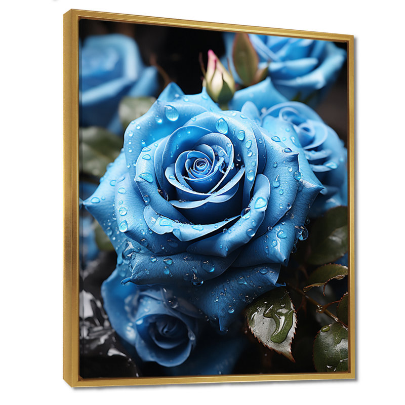 Bleu rose matin gouttelettes de rosée - art mural salon rose, Toile avec cadre flottant or, H 44 po x l 34 po x P 1,5 po