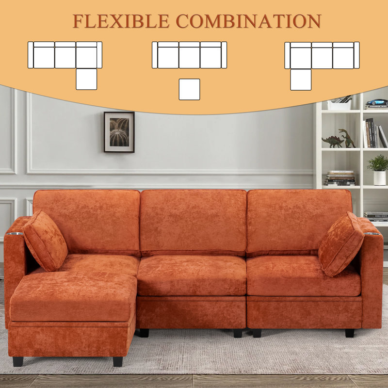 86" Chenille Modular Sofa with USB & Storage, L-Shape