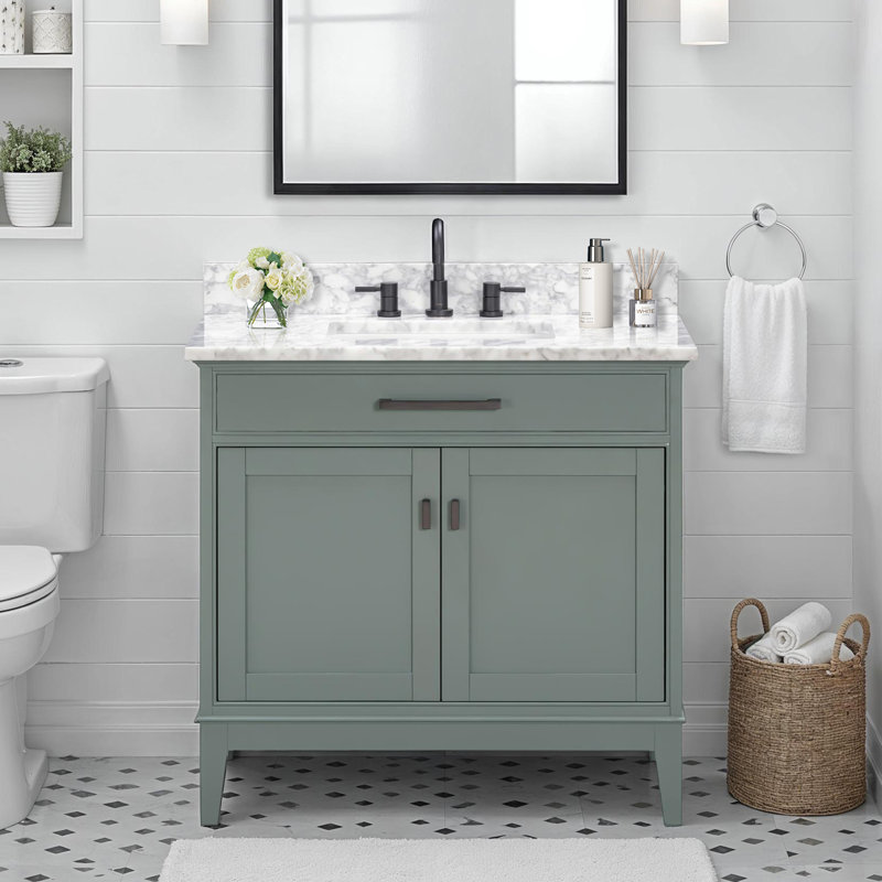 Meuble-lavabo simple 36 po avec plateau Anglet, Blanc de Carrare, Vert fumée