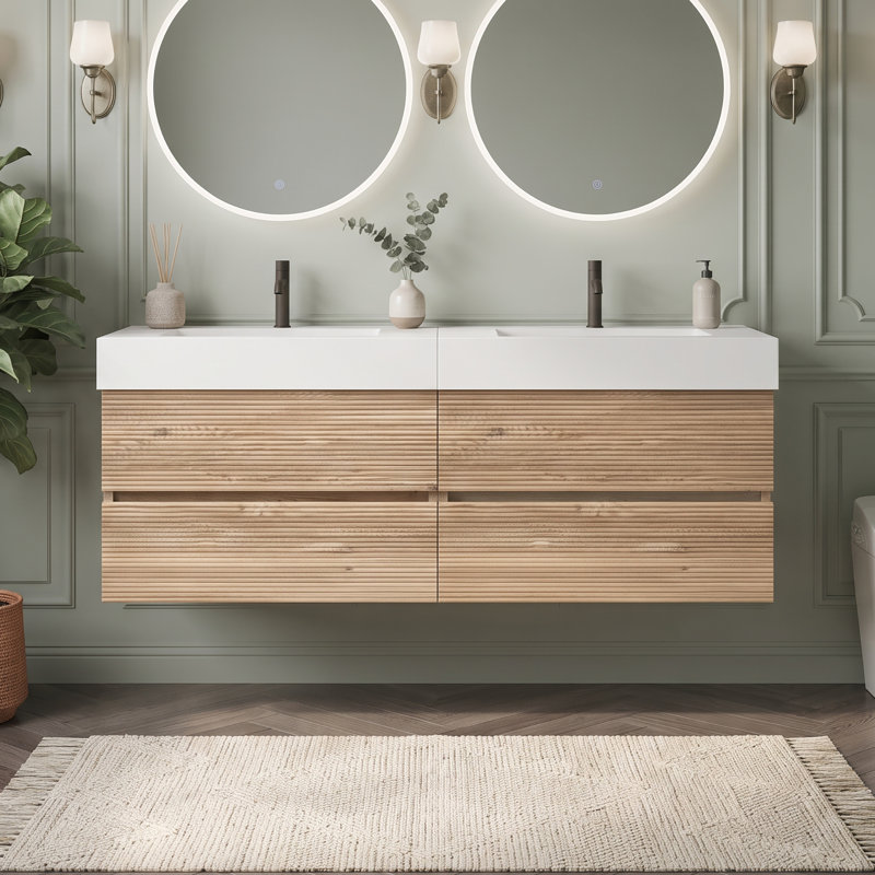 Wall Mounted Single Double Vanity Bathroom Vanity With Solid Surface Top, 60" W