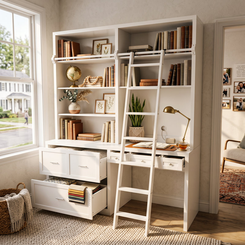 Bureau-bibliothèque Pierce blanc, 220 cm (H) x 196 cm (L), avec étagères ouvertes, tiroirs de rangement et échelle en bois massif (en option).