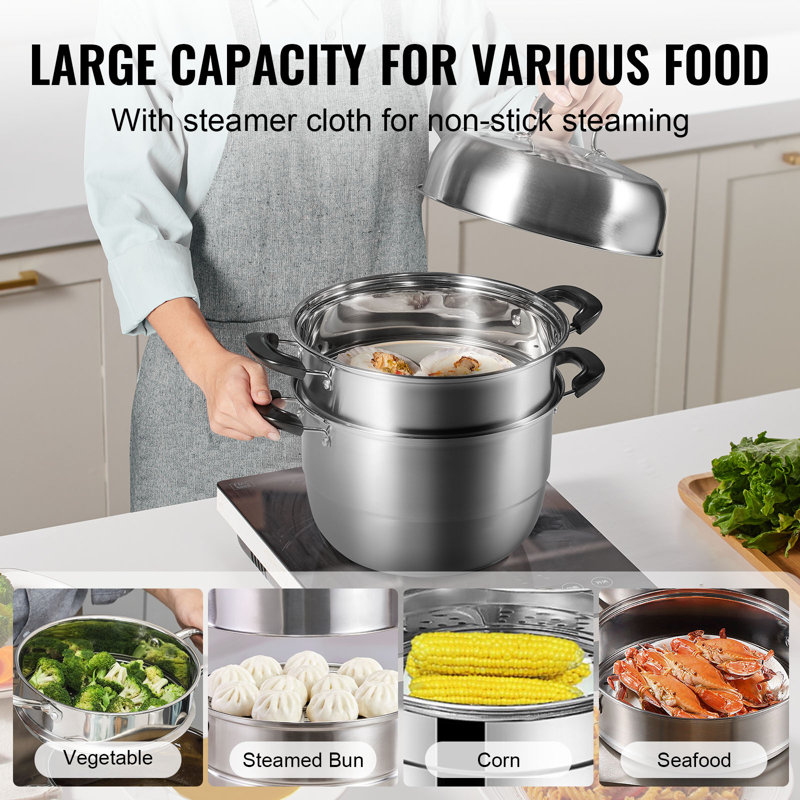 VEVOR 3-Tier Stainless Steel Steamer Pot with Tempered Glass Lid