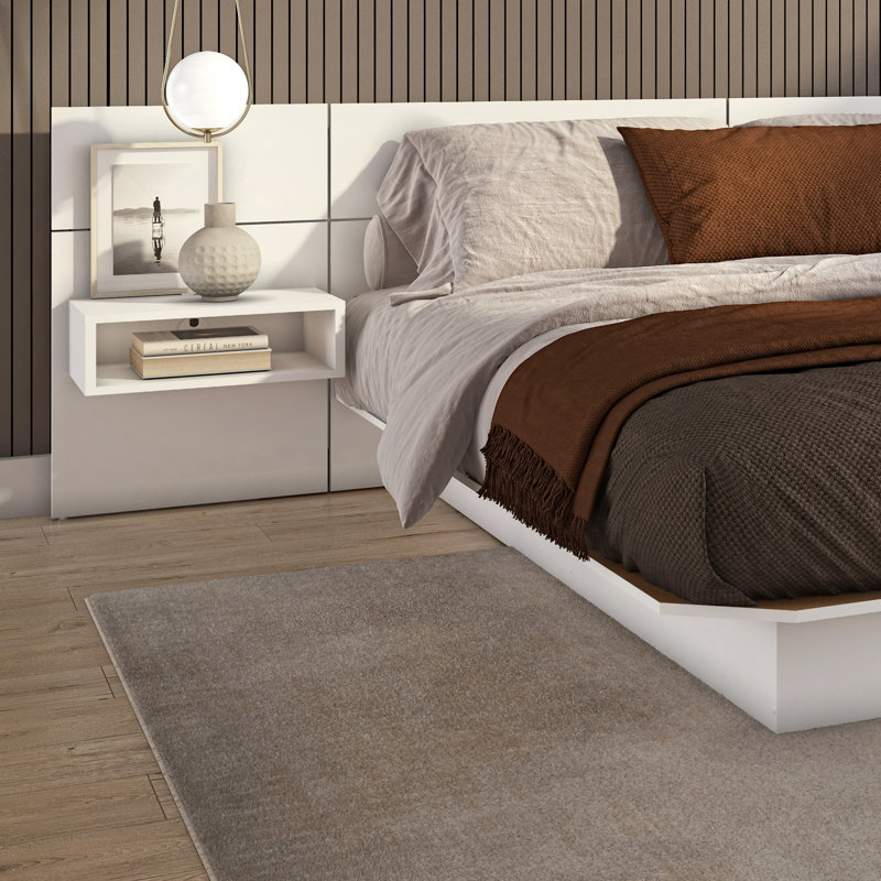 ZEN ALPHA Bedroom Platform Bed with Headboard and Wall Mounted Cube Nightstands (2) Easy Assembly No Box Spring Required