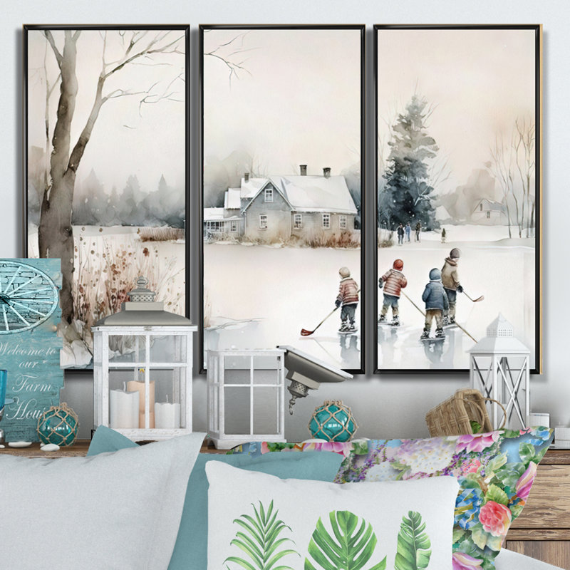 Enfants jouant au hockey en hiver II - ensemble d'art mural moderne sur toile, Cadre flottant noir, H 28 po x l 36 po