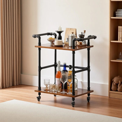 Bar Cart 2-Tier Brown Black Wine Rack Industrial Bar Cart Floor Beer Wine Beverage Serving Cart Versatile Practical Storageshelf For Garden, Kitchen, by Williston Forge