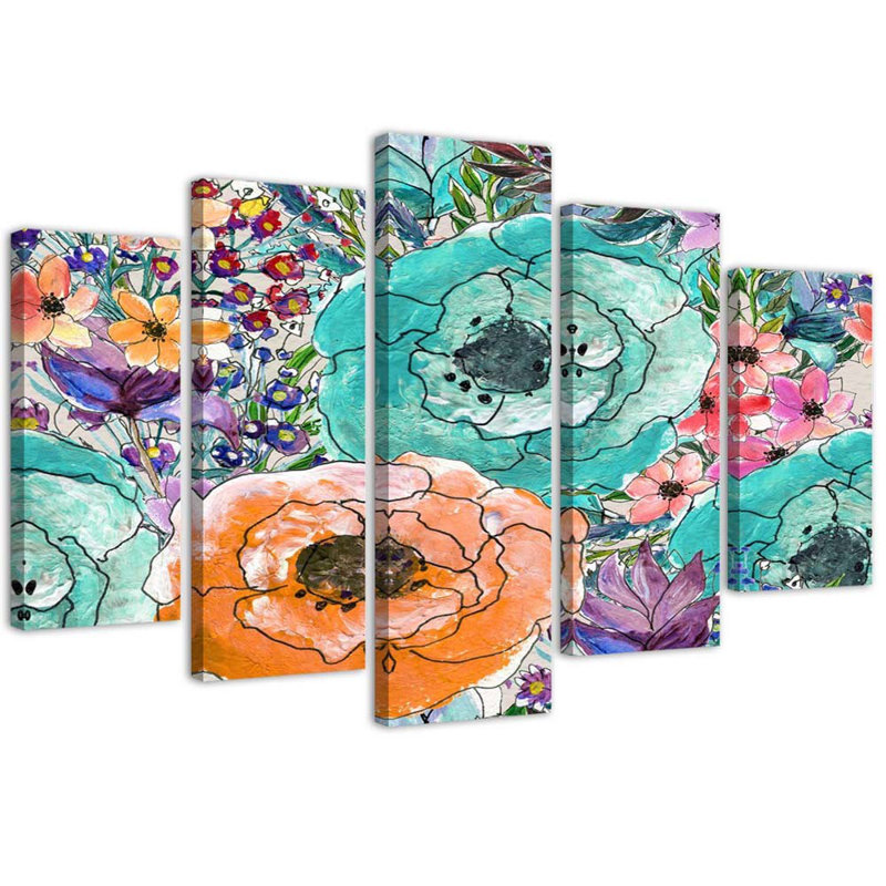 Abstract Colourful Flowers - 5 Piece Wrapped Canvas Set